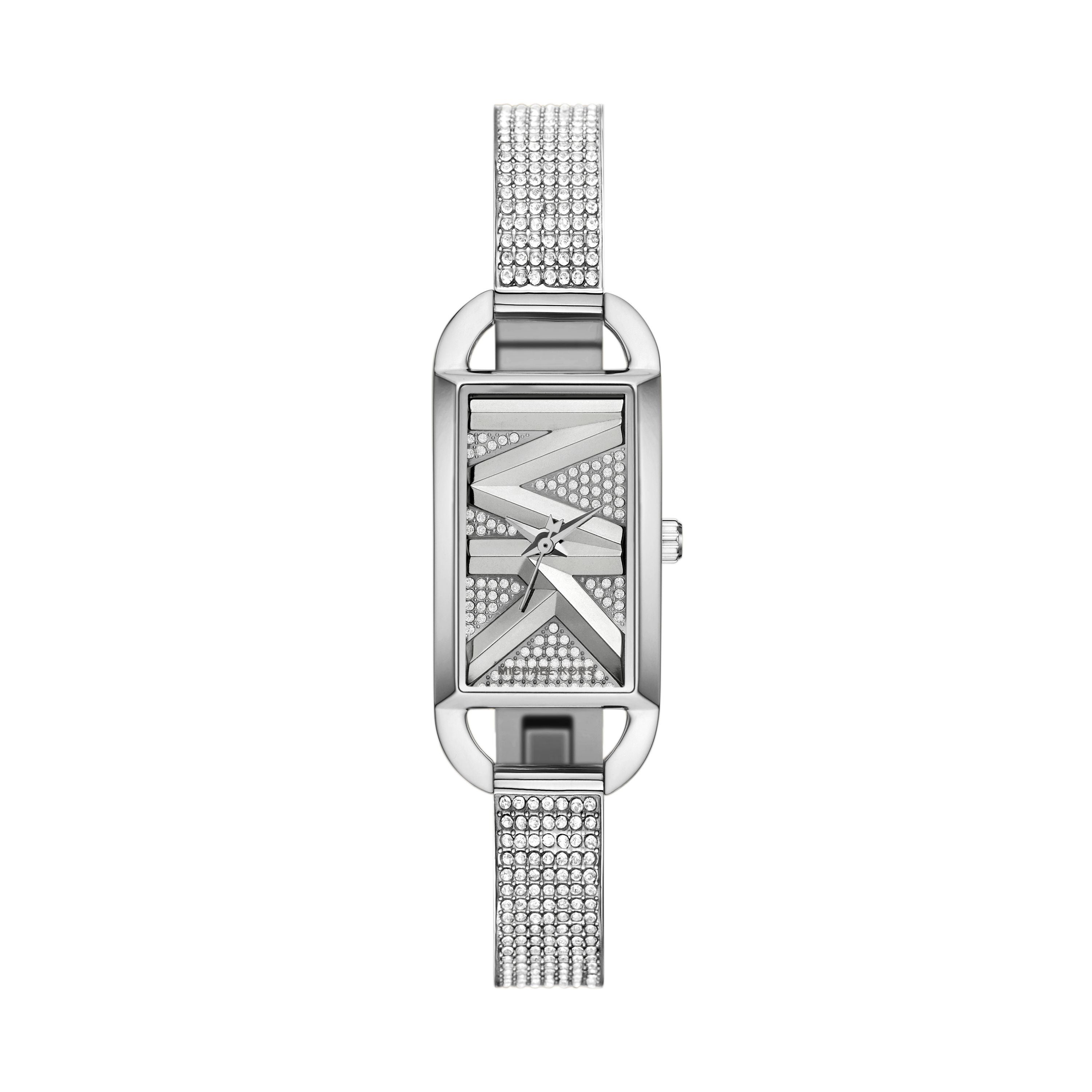 Ladies Mini Empire Pave Silver-Tone Stainless Steel Bangle Watch Logo Dial