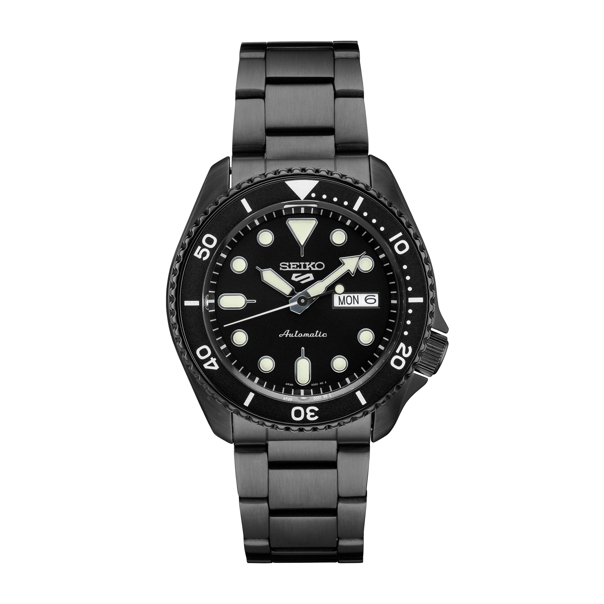 Mens Seiko 5 Sports Automatic Black Stainless Steel Watch Black Dial