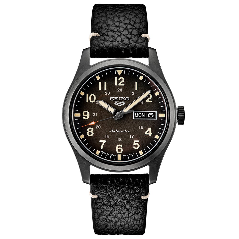 Mens Seiko 5 Sport Automatic Black Leather Strap Watch Black Dial