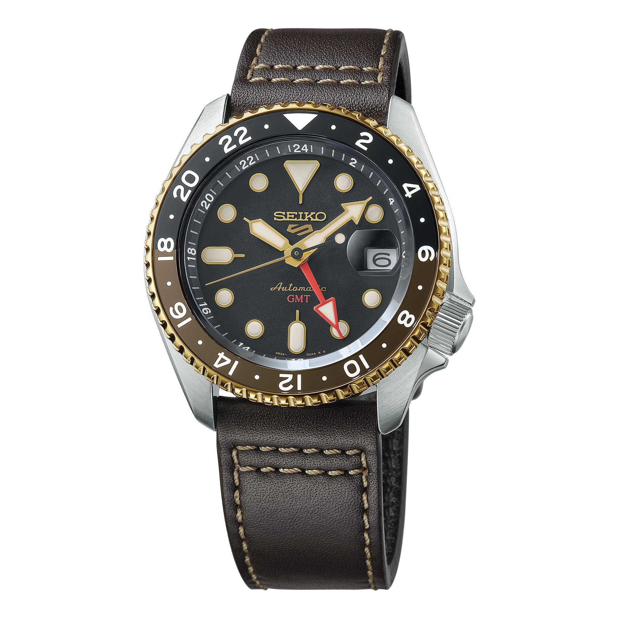 Mens Seiko 5 Sports SKX GMT Automatic Brown Leather Strap Watch Black Dial