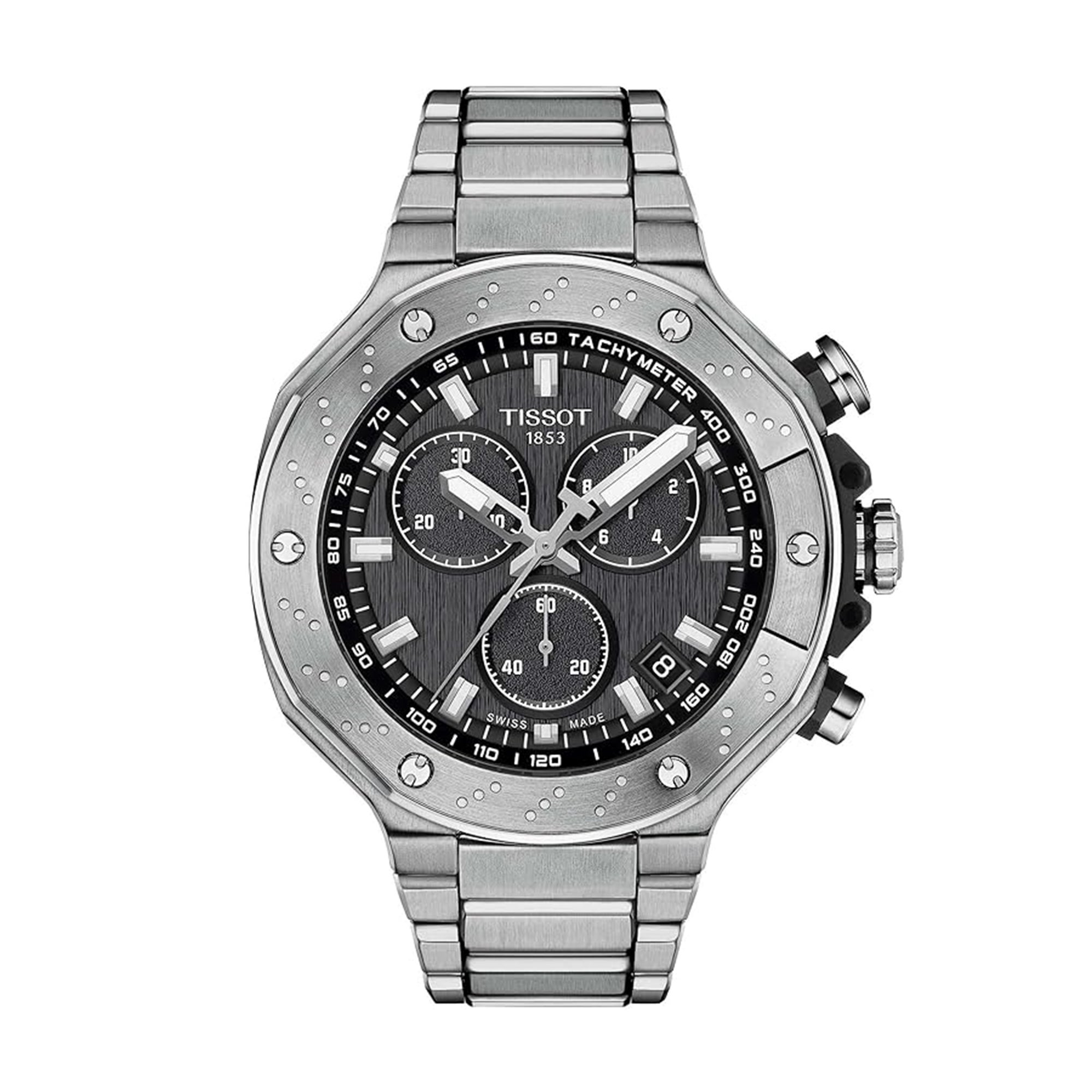 Mens T-Race Chronograph Gray Stainless Steel Watch Black Dial